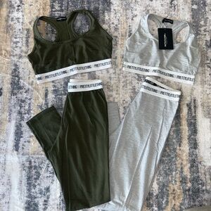 Two Sets PrettyLittleThing Olive and Gray Activewear Sets